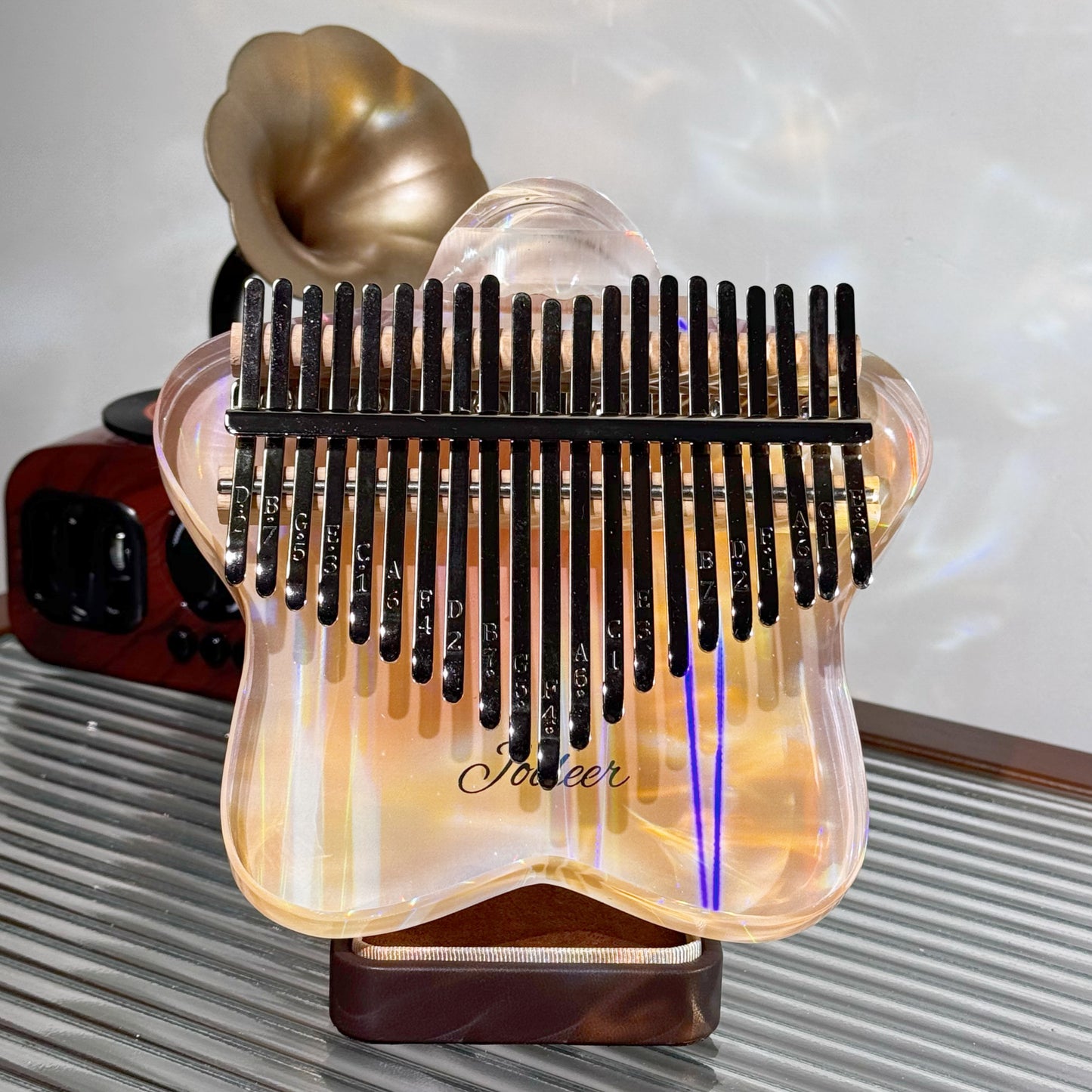 Jooleer 21 Keys Star Shaped Acrylic Kalimba Transparent Iridescent Thumb Piano Smartphone Stand and Case